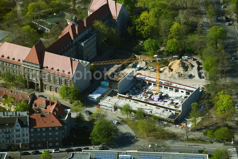 Berlin from above - Construction site for the new building of the gymnasium and sports hall at the Lily-Braun-Gymnasium on Galenstrasse in the district of Spandau in Berlin, Germany