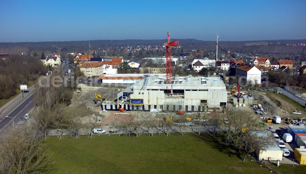 Halle / Saale from above - Construction site to build a new sports hall at the Nietlebener street of the New Town in Halle (Saale) in Saxony-Anhalt