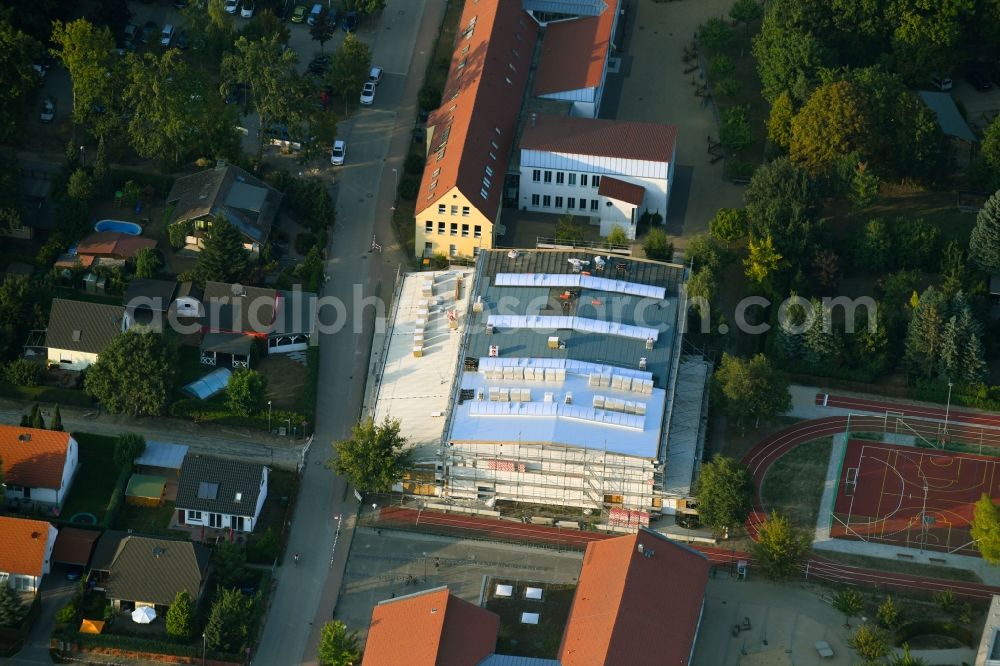 Fredersdorf-Vogelsdorf from above - Construction site for the new sports hall on Tieckstrasse in Fredersdorf-Vogelsdorf in the state Brandenburg, Germany