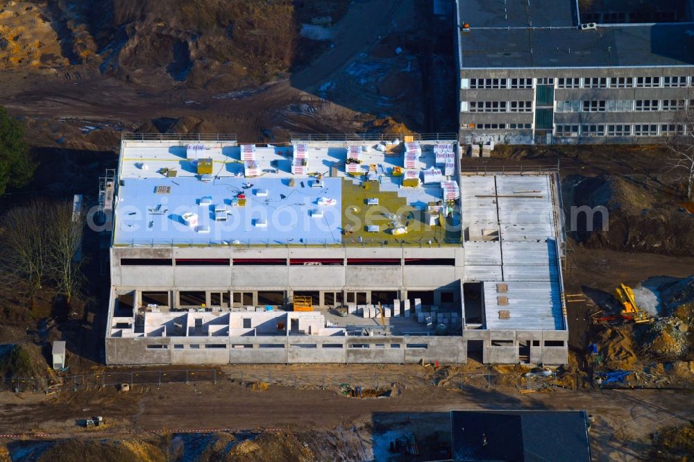 Aerial photograph Berlin - Construction site for the new sports hall on Poelnitzweg - Wiltbergstrasse in Berlin, Germany