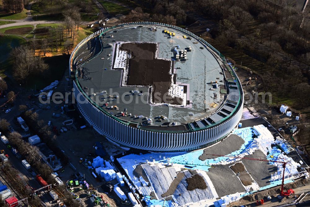 München from the bird's eye view: Construction site for the new sports hall SAP Garden in Olympiapark on street Toni-Merkens-Weg in the district Milbertshofen-Am Hart in Munich in the state Bavaria, Germany