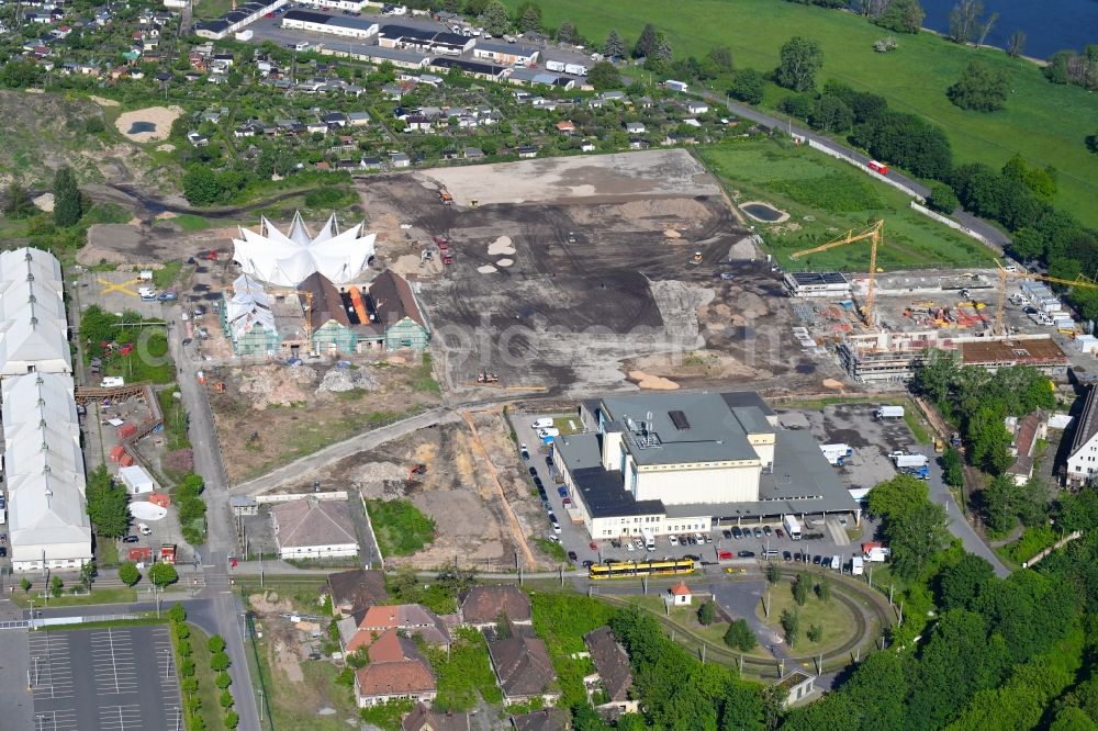 Aerial image Dresden - Construction site for the new sports hall of Trainingszentrum in Sportpark Ostra in the district Friedrichstadt in Dresden in the state Saxony, Germany