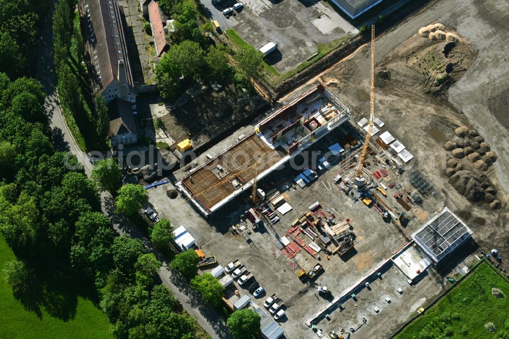 Dresden from above - Construction site for the new sports hall of Trainingszentrum in Sportpark Ostra in the district Friedrichstadt in Dresden in the state Saxony, Germany