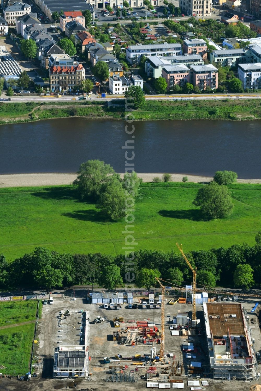 Dresden from above - Construction site for the new sports hall of Trainingszentrum in Sportpark Ostra in the district Friedrichstadt in Dresden in the state Saxony, Germany