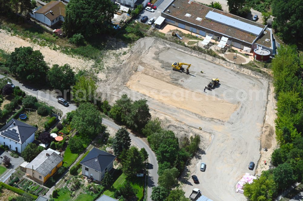 Berlin from above - Construction site for the new sports hall Typensporthalle (TSH) on street Heerstrasse - Bergedorfer Strasse in the district Kaulsdorf in Berlin, Germany