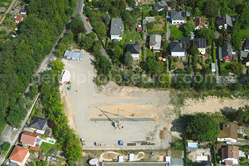 Berlin from above - Construction site for the new sports hall Typensporthalle (TSH) on street Heerstrasse - Bergedorfer Strasse in the district Kaulsdorf in Berlin, Germany