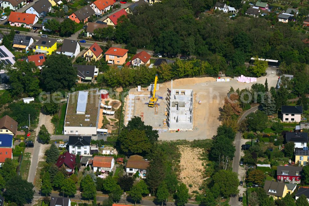 Berlin from above - Construction site for the new sports hall Typensporthalle (TSH) on street Heerstrasse - Bergedorfer Strasse in the district Kaulsdorf in Berlin, Germany