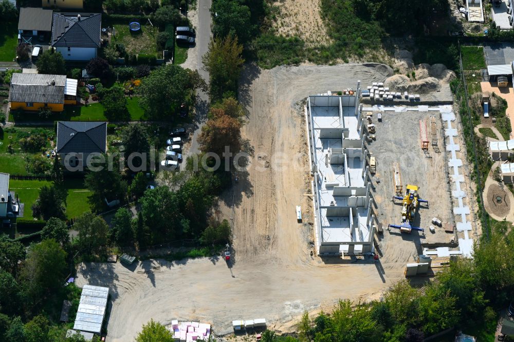 Berlin from above - Construction site for the new sports hall Typensporthalle (TSH) on street Heerstrasse - Bergedorfer Strasse in the district Kaulsdorf in Berlin, Germany