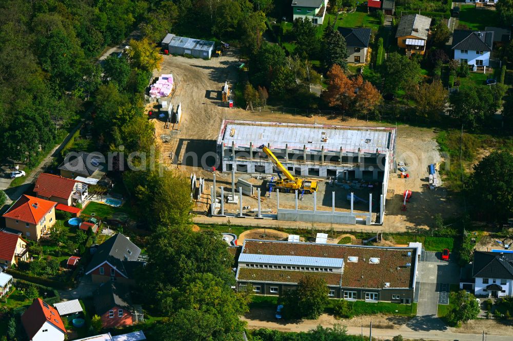 Berlin from above - Construction site for the new sports hall Typensporthalle (TSH) on street Heerstrasse - Bergedorfer Strasse in the district Kaulsdorf in Berlin, Germany