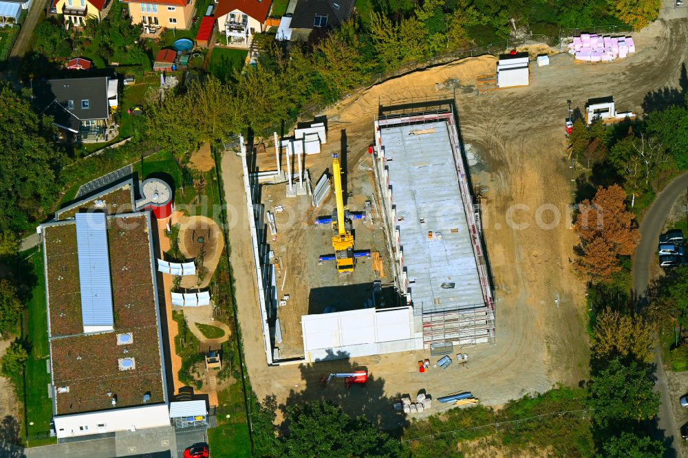 Berlin from above - Construction site for the new sports hall Typensporthalle (TSH) on street Heerstrasse - Bergedorfer Strasse in the district Kaulsdorf in Berlin, Germany