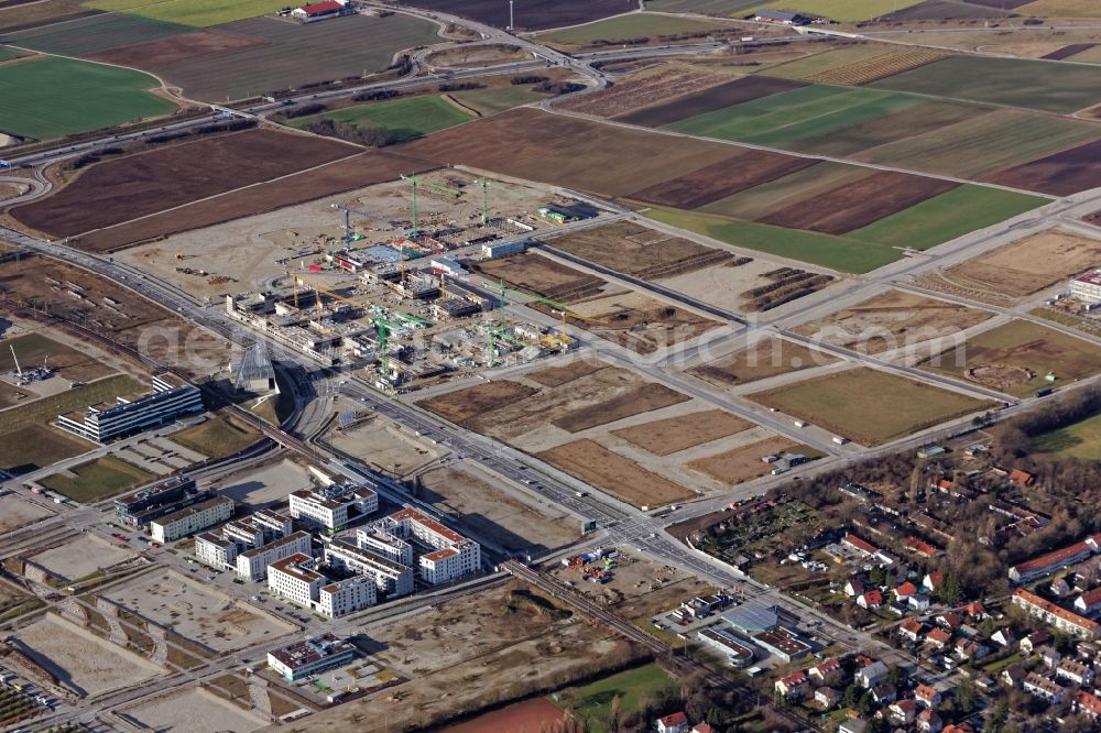 Aerial image München - Construction site for the new building of Sportpark es and Bildungscampus on Bodenseestrasse in the district Freiham in Munich in the state Bavaria, Germany