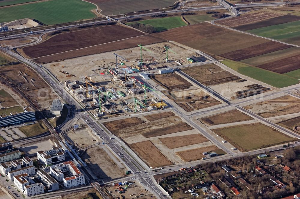 München from above - Construction site for the new building of Sportpark es and Bildungscampus on Bodenseestrasse in the district Freiham in Munich in the state Bavaria, Germany