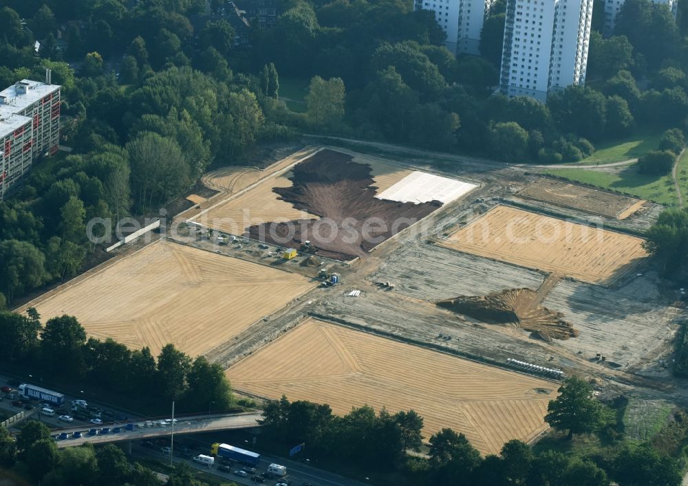 Hamburg from the bird's eye view: Construction site to build a new sports ground ensemble of Bahrenfelder sports club from 1919 e.V. in Hamburg