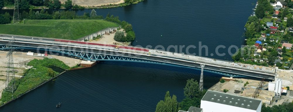 Aerial photograph Berlin - Construction site for the new building of the Spree bridge on the south-east connection (SOV) in Berlin Schoeneweide