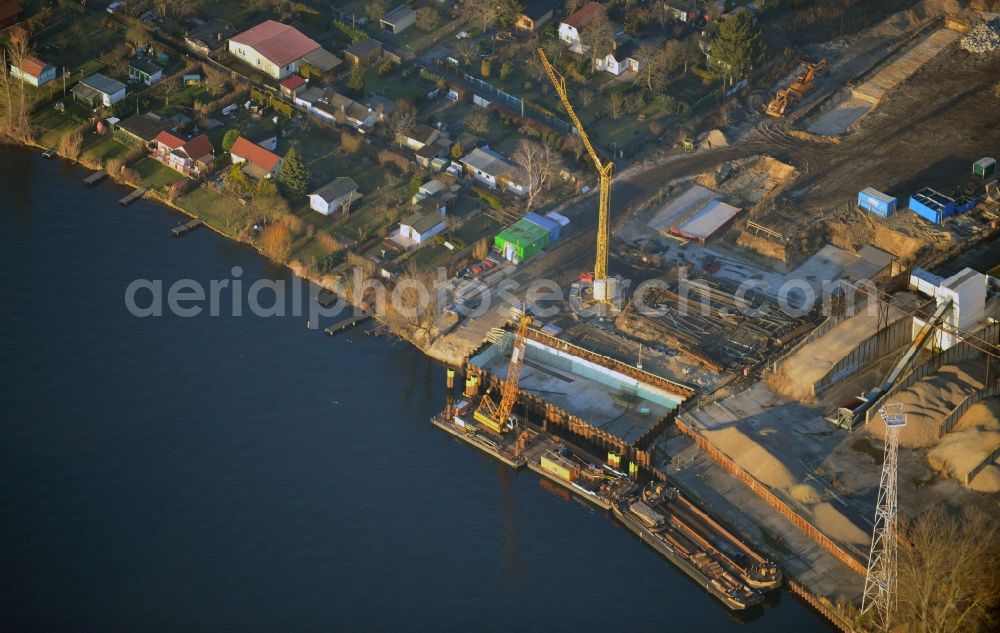 Aerial image Berlin - Construction site for the new building of the Spree bridge on the south-east connection (SOV) in Berlin Schoeneweide