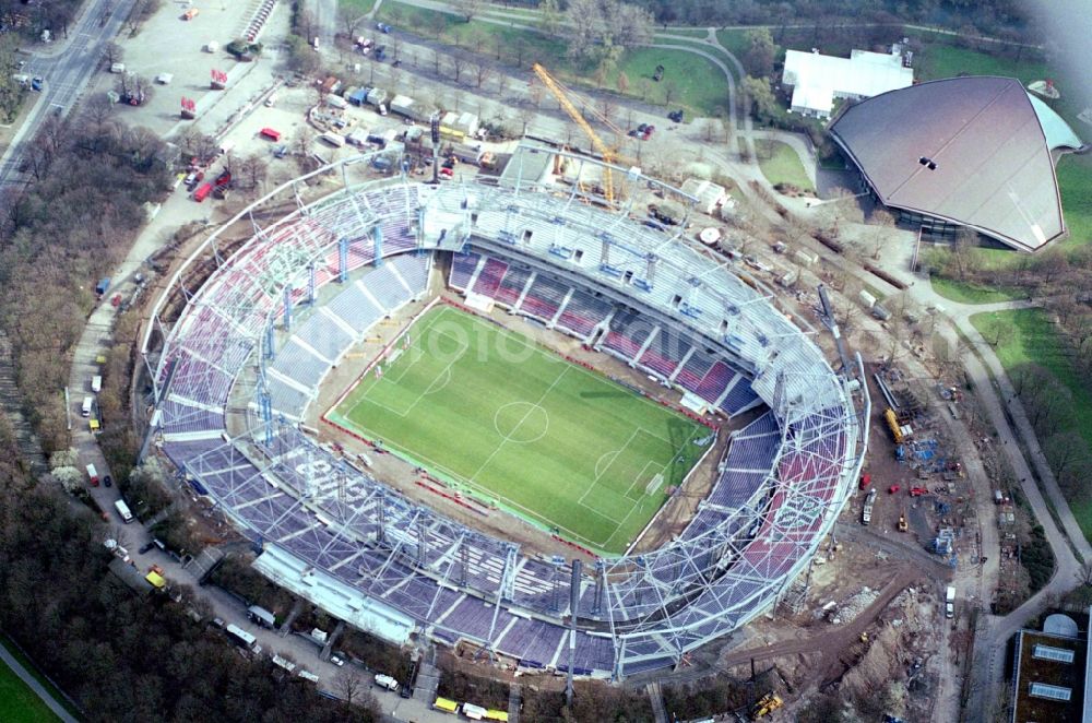 Hannover from above - Construction site for the new building of the stadium in the AWD Arena in Hannover in Lower Saxony. The former Niedersachsenstadion If engineering rebuilt by the general contractor Wayss & Freytag after plans of the architect Helmut Schulitz and partners