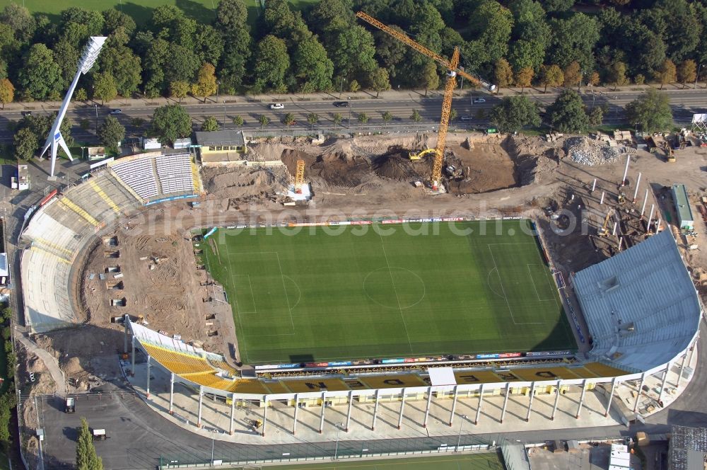 Aerial photograph Dresden - Construction view of the stadium in Dresden in the state Saxony. The football stadium had to Lennéstreet over time the name of Rudolf-Harbig-Stadion, Dynamo Stadium and Gluecksgas Stadium