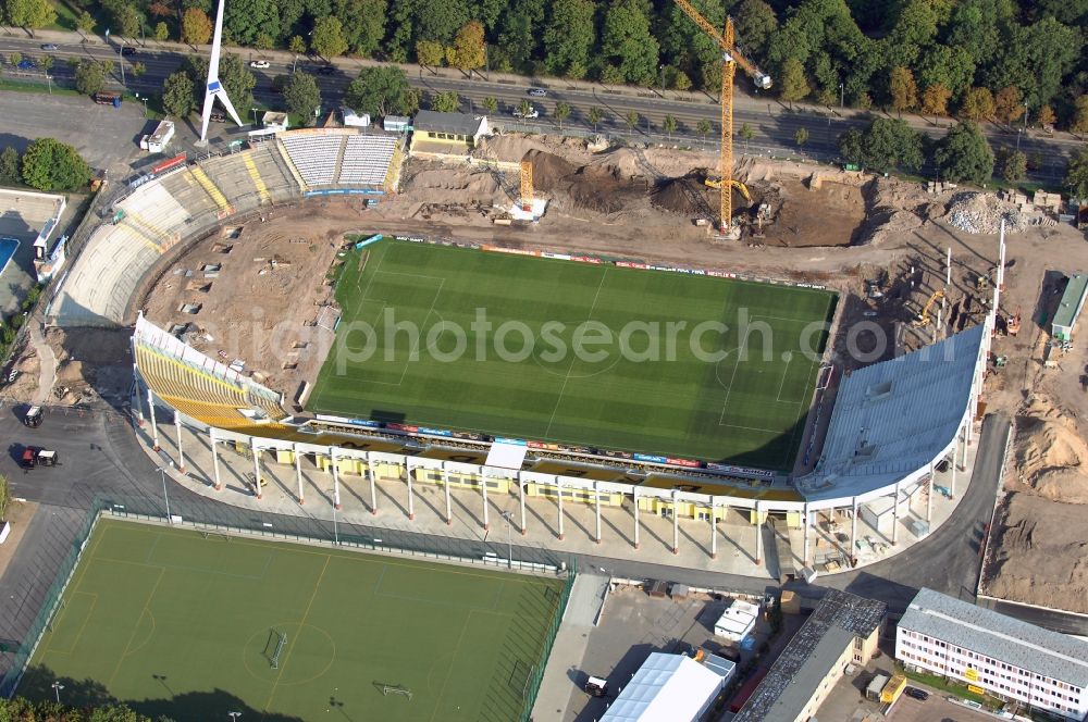 Dresden from above - Construction view of the stadium in Dresden in the state Saxony. The football stadium had to Lennéstreet over time the name of Rudolf-Harbig-Stadion, Dynamo Stadium and Gluecksgas Stadium