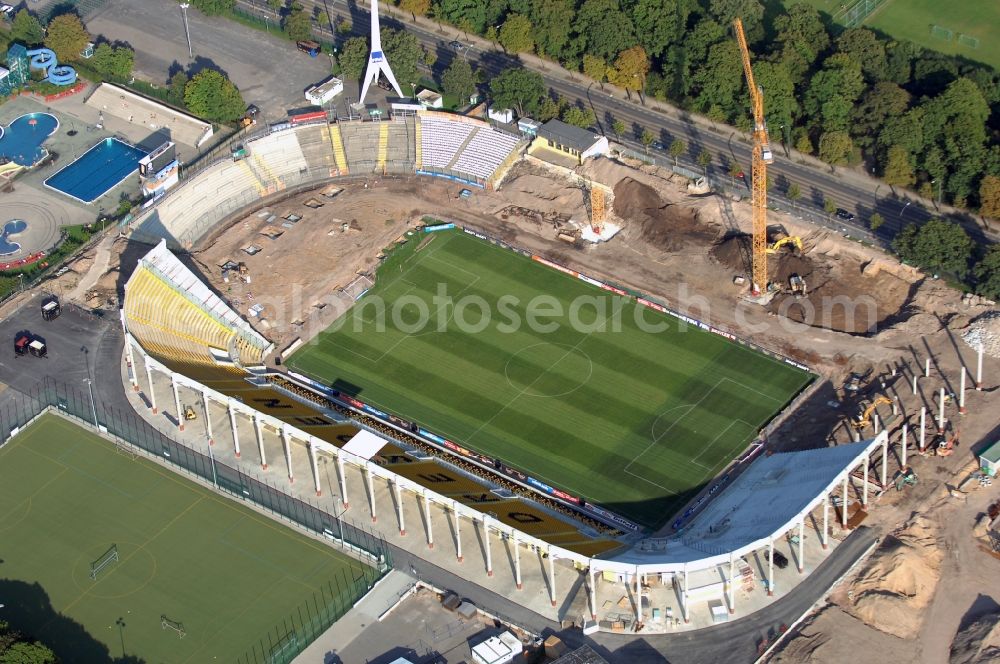 Dresden from the bird's eye view: Construction view of the stadium in Dresden in the state Saxony. The football stadium had to Lennéstreet over time the name of Rudolf-Harbig-Stadion, Dynamo Stadium and Gluecksgas Stadium