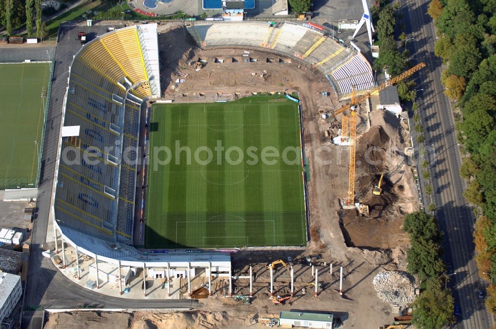 Aerial image Dresden - Construction view of the stadium in Dresden in the state Saxony. The football stadium had to Lennéstreet over time the name of Rudolf-Harbig-Stadion, Dynamo Stadium and Gluecksgas Stadium