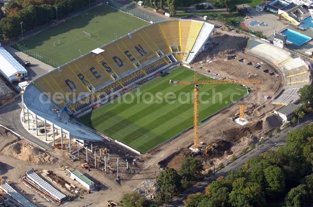 Dresden from above - Construction view of the stadium in Dresden in the state Saxony. The football stadium had to Lennéstreet over time the name of Rudolf-Harbig-Stadion, Dynamo Stadium and Gluecksgas Stadium