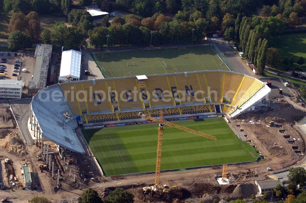 Dresden from the bird's eye view: Construction view of the stadium in Dresden in the state Saxony. The football stadium had to Lennéstreet over time the name of Rudolf-Harbig-Stadion, Dynamo Stadium and Gluecksgas Stadium