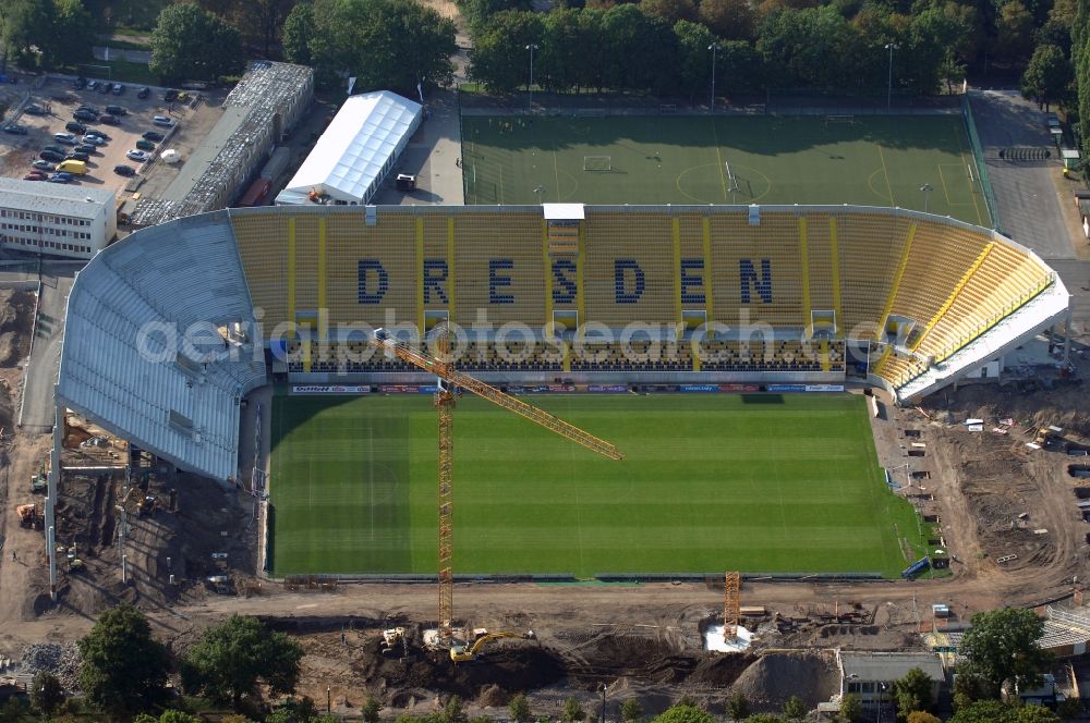 Aerial image Dresden - Construction view of the stadium in Dresden in the state Saxony. The football stadium had to Lennéstreet over time the name of Rudolf-Harbig-Stadion, Dynamo Stadium and Gluecksgas Stadium