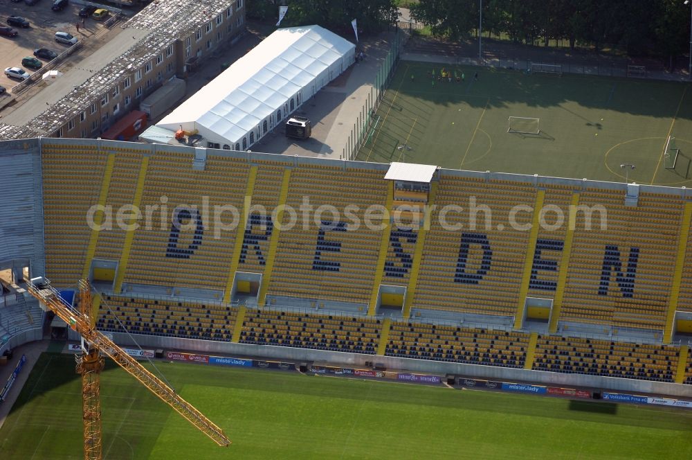 Aerial photograph Dresden - Construction view of the stadium in Dresden in the state Saxony. The football stadium had to Lennéstreet over time the name of Rudolf-Harbig-Stadion, Dynamo Stadium and Gluecksgas Stadium