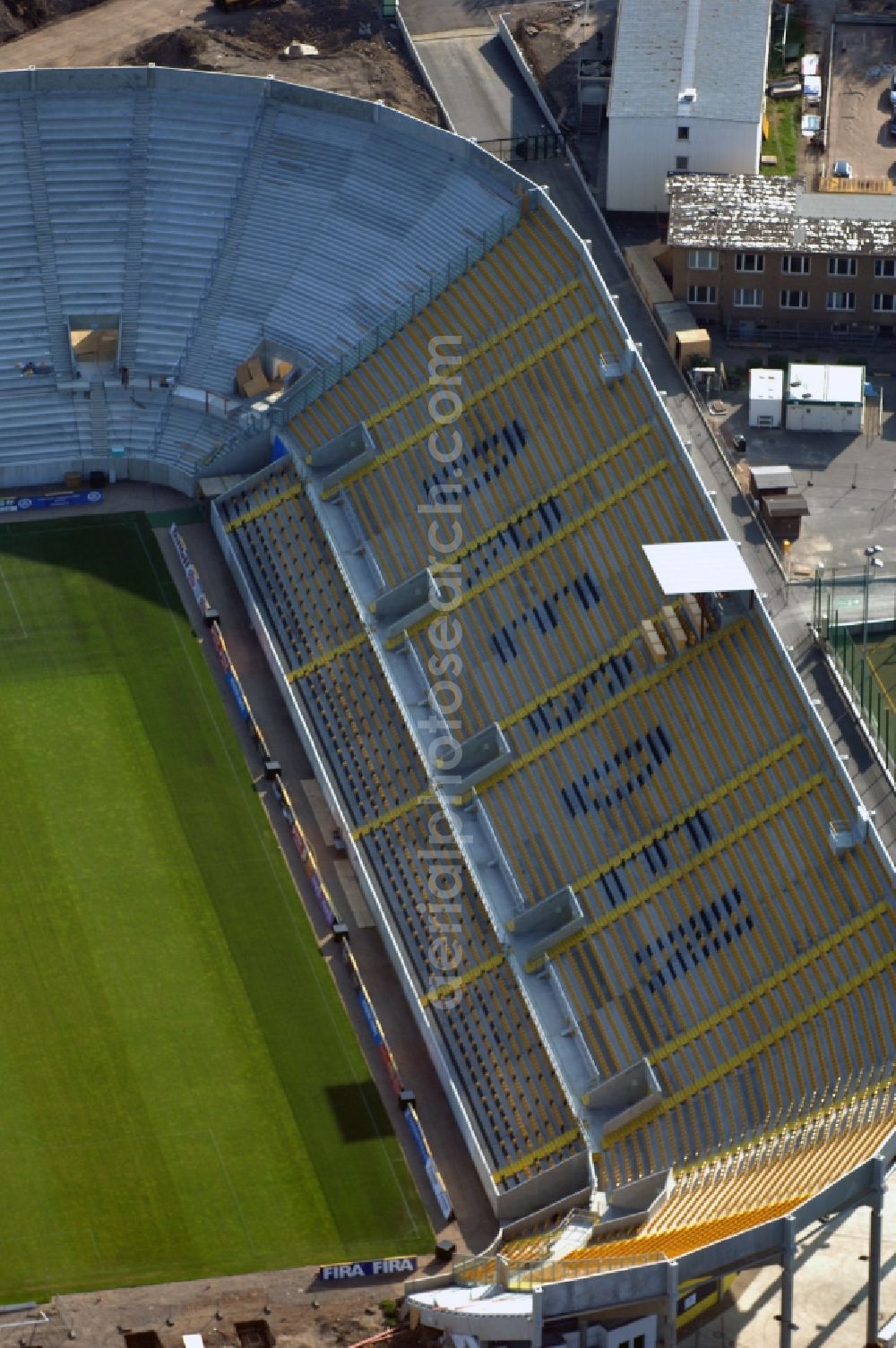 Dresden from above - Construction view of the stadium in Dresden in the state Saxony. The football stadium had to Lennéstreet over time the name of Rudolf-Harbig-Stadion, Dynamo Stadium and Gluecksgas Stadium