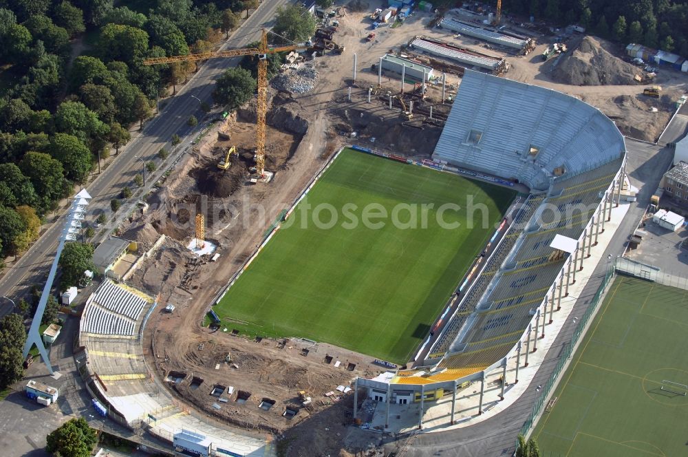 Dresden from the bird's eye view: Construction view of the stadium in Dresden in the state Saxony. The football stadium had to Lennéstreet over time the name of Rudolf-Harbig-Stadion, Dynamo Stadium and Gluecksgas Stadium