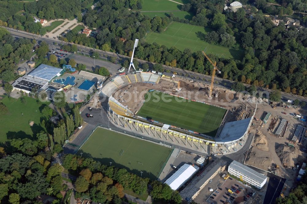 Aerial image Dresden - Construction view of the stadium in Dresden in the state Saxony. The football stadium had to Lennéstreet over time the name of Rudolf-Harbig-Stadion, Dynamo Stadium and Gluecksgas Stadium