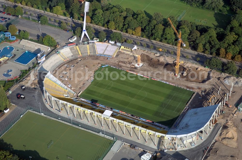 Aerial photograph Dresden - Construction view of the stadium in Dresden in the state Saxony. The football stadium had to Lennéstreet over time the name of Rudolf-Harbig-Stadion, Dynamo Stadium and Gluecksgas Stadium