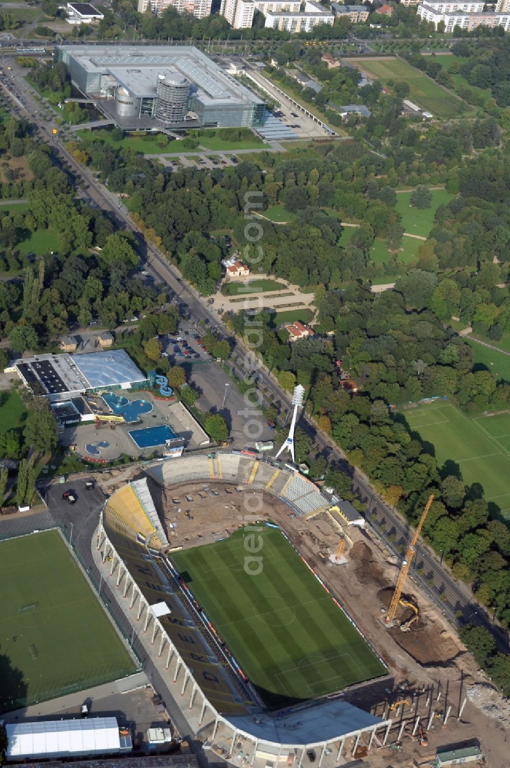 Dresden from above - Construction view of the stadium in Dresden in the state Saxony. The football stadium had to Lennéstreet over time the name of Rudolf-Harbig-Stadion, Dynamo Stadium and Gluecksgas Stadium