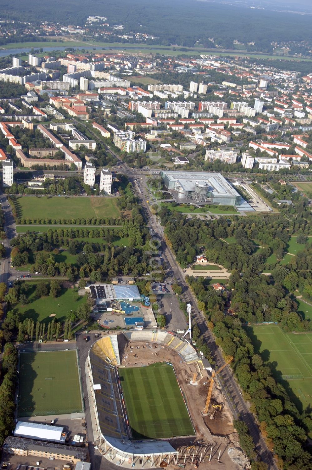 Dresden from the bird's eye view: Construction view of the stadium in Dresden in the state Saxony. The football stadium had to Lennéstreet over time the name of Rudolf-Harbig-Stadion, Dynamo Stadium and Gluecksgas Stadium