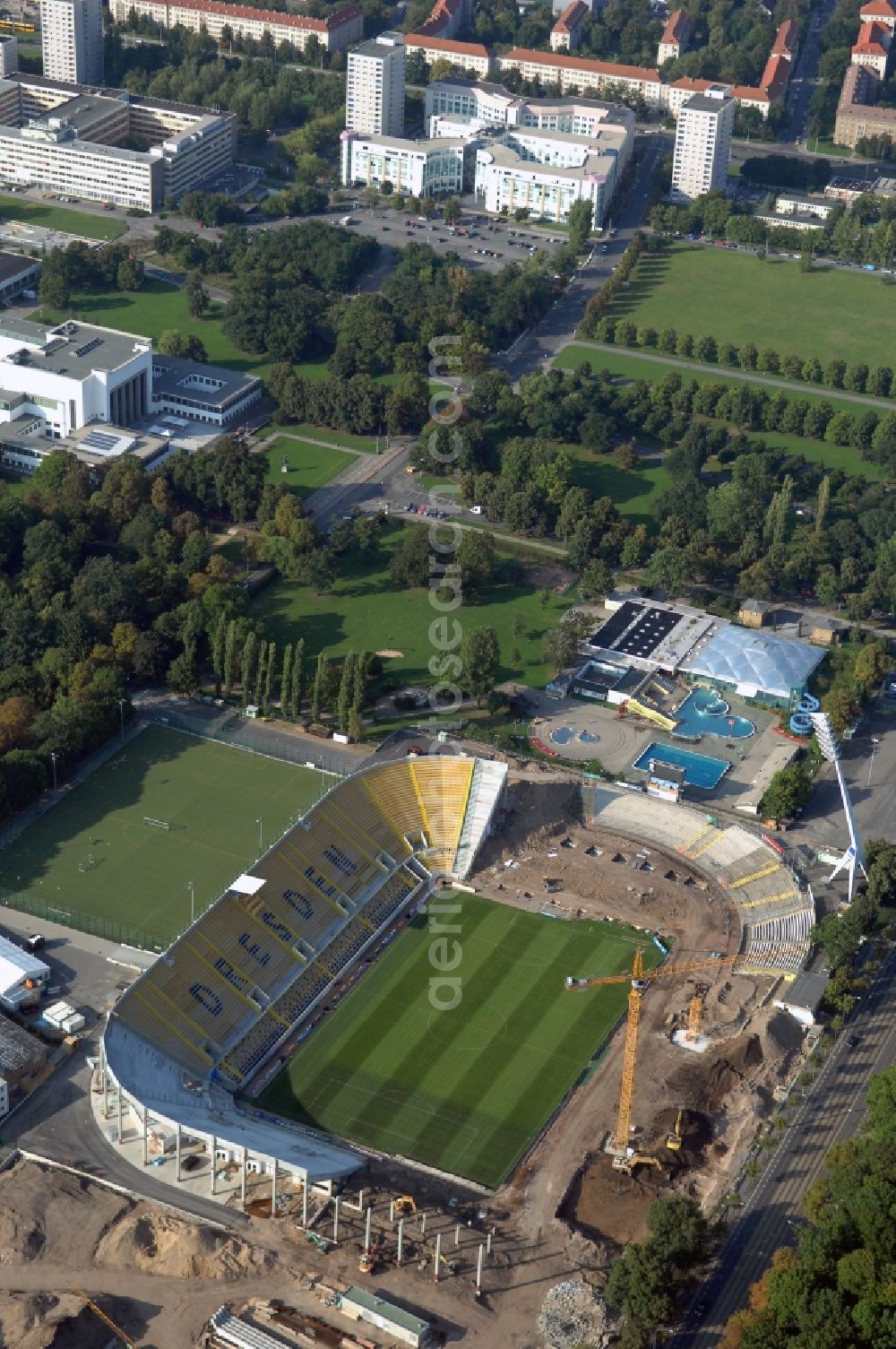 Aerial image Dresden - Construction view of the stadium in Dresden in the state Saxony. The football stadium had to Lennéstreet over time the name of Rudolf-Harbig-Stadion, Dynamo Stadium and Gluecksgas Stadium