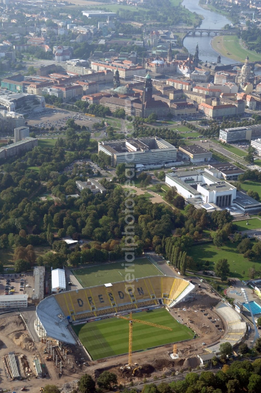 Dresden from above - Construction view of the stadium in Dresden in the state Saxony. The football stadium had to Lennéstreet over time the name of Rudolf-Harbig-Stadion, Dynamo Stadium and Gluecksgas Stadium