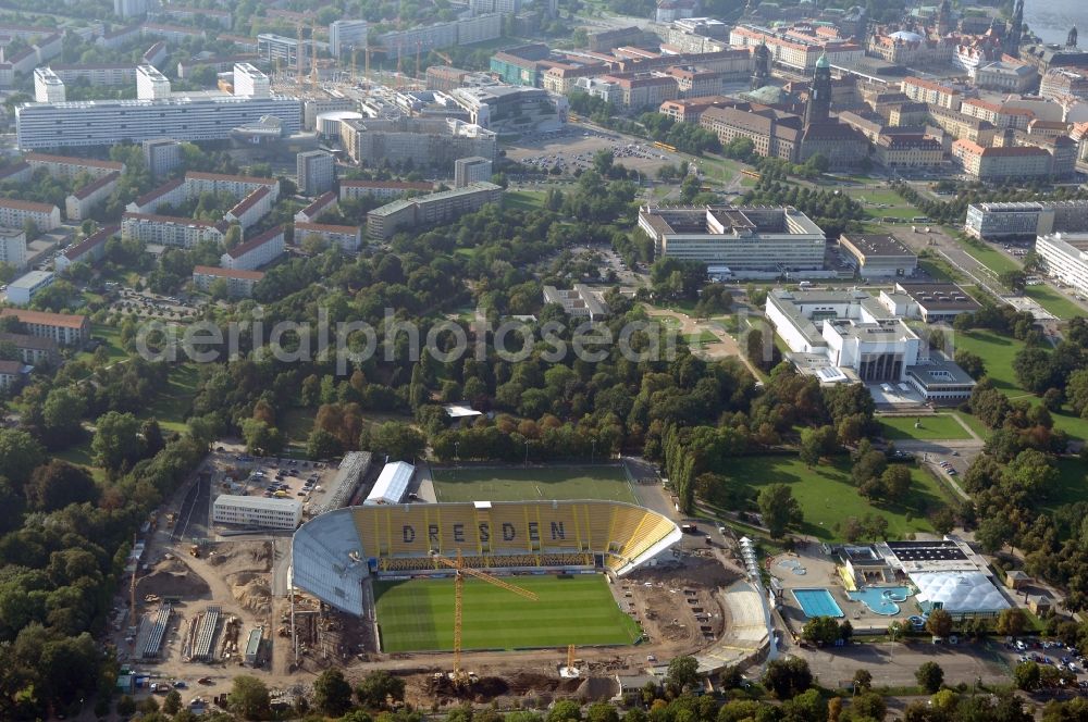 Dresden from the bird's eye view: Construction view of the stadium in Dresden in the state Saxony. The football stadium had to Lennéstreet over time the name of Rudolf-Harbig-Stadion, Dynamo Stadium and Gluecksgas Stadium