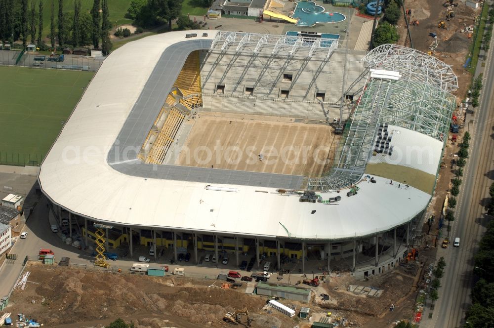 Dresden from above - Construction view of the stadium in Dresden in the state Saxony. The football stadium had to Lennéstreet over time the name of Rudolf-Harbig-Stadion, Dynamo Stadium and Gluecksgas Stadium