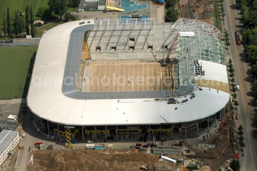 Aerial image Dresden - Construction view of the stadium in Dresden in the state Saxony. The football stadium had to Lennéstreet over time the name of Rudolf-Harbig-Stadion, Dynamo Stadium and Gluecksgas Stadium