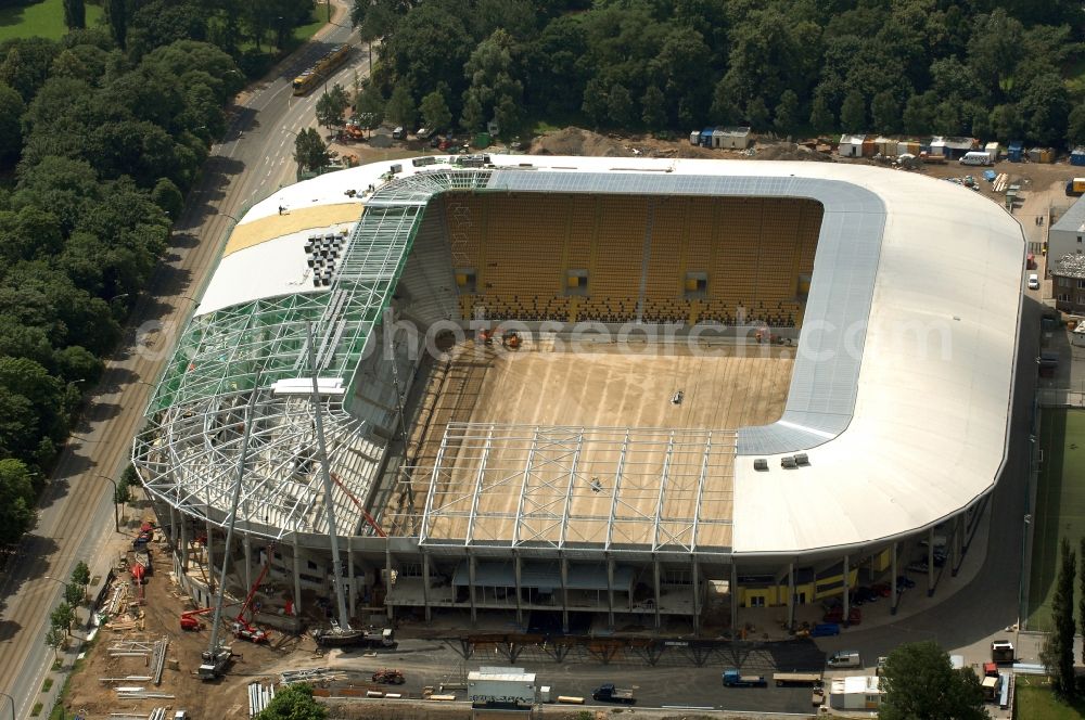 Aerial photograph Dresden - Construction view of the stadium in Dresden in the state Saxony. The football stadium had to Lennéstreet over time the name of Rudolf-Harbig-Stadion, Dynamo Stadium and Gluecksgas Stadium