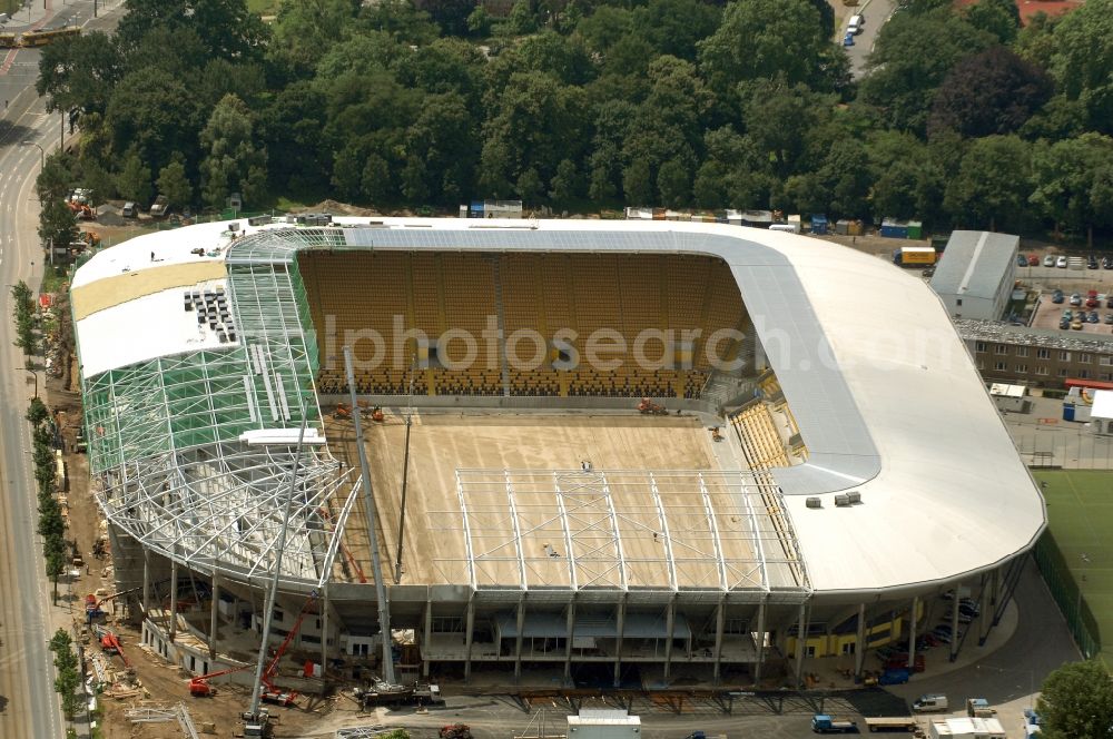 Dresden from above - Construction view of the stadium in Dresden in the state Saxony. The football stadium had to Lennéstreet over time the name of Rudolf-Harbig-Stadion, Dynamo Stadium and Gluecksgas Stadium