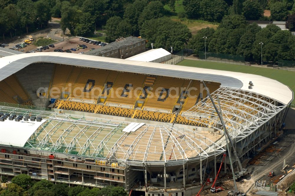 Dresden from the bird's eye view: Construction view of the stadium in Dresden in the state Saxony. The football stadium had to Lennéstreet over time the name of Rudolf-Harbig-Stadion, Dynamo Stadium and Gluecksgas Stadium