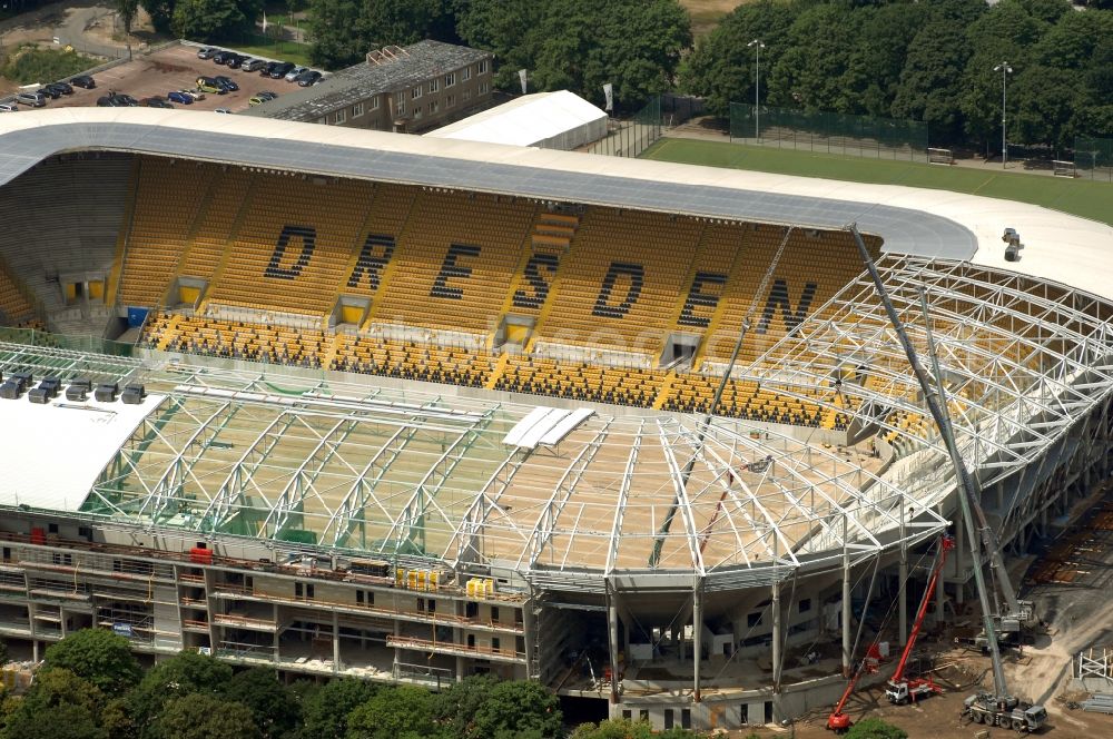 Aerial image Dresden - Construction view of the stadium in Dresden in the state Saxony. The football stadium had to Lennéstreet over time the name of Rudolf-Harbig-Stadion, Dynamo Stadium and Gluecksgas Stadium