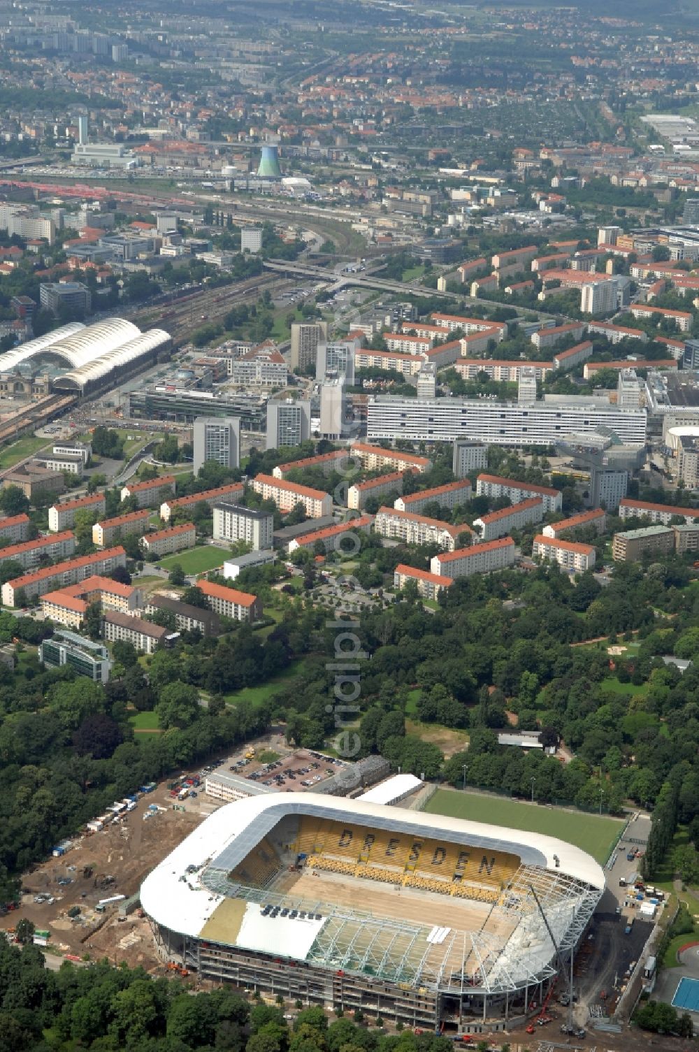 Dresden from above - Construction view of the stadium in Dresden in the state Saxony. The football stadium had to Lennéstreet over time the name of Rudolf-Harbig-Stadion, Dynamo Stadium and Gluecksgas Stadium