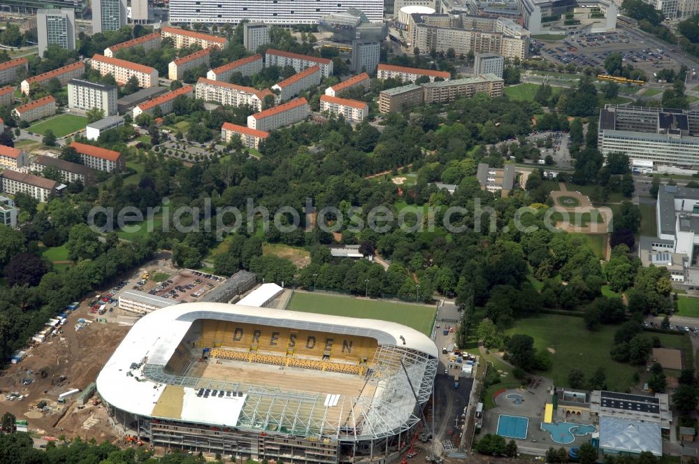 Dresden from the bird's eye view: Construction view of the stadium in Dresden in the state Saxony. The football stadium had to Lennéstreet over time the name of Rudolf-Harbig-Stadion, Dynamo Stadium and Gluecksgas Stadium