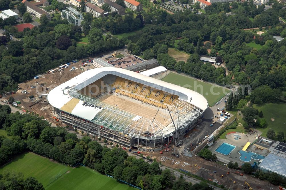 Aerial photograph Dresden - Construction view of the stadium in Dresden in the state Saxony. The football stadium had to Lennéstreet over time the name of Rudolf-Harbig-Stadion, Dynamo Stadium and Gluecksgas Stadium