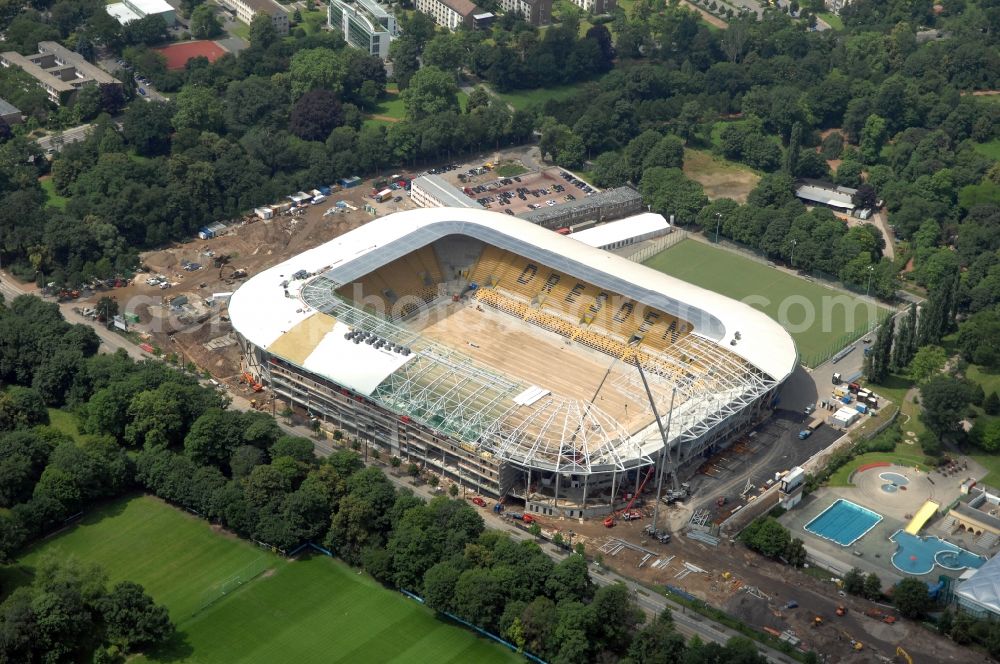 Dresden from above - Construction view of the stadium in Dresden in the state Saxony. The football stadium had to Lennéstreet over time the name of Rudolf-Harbig-Stadion, Dynamo Stadium and Gluecksgas Stadium