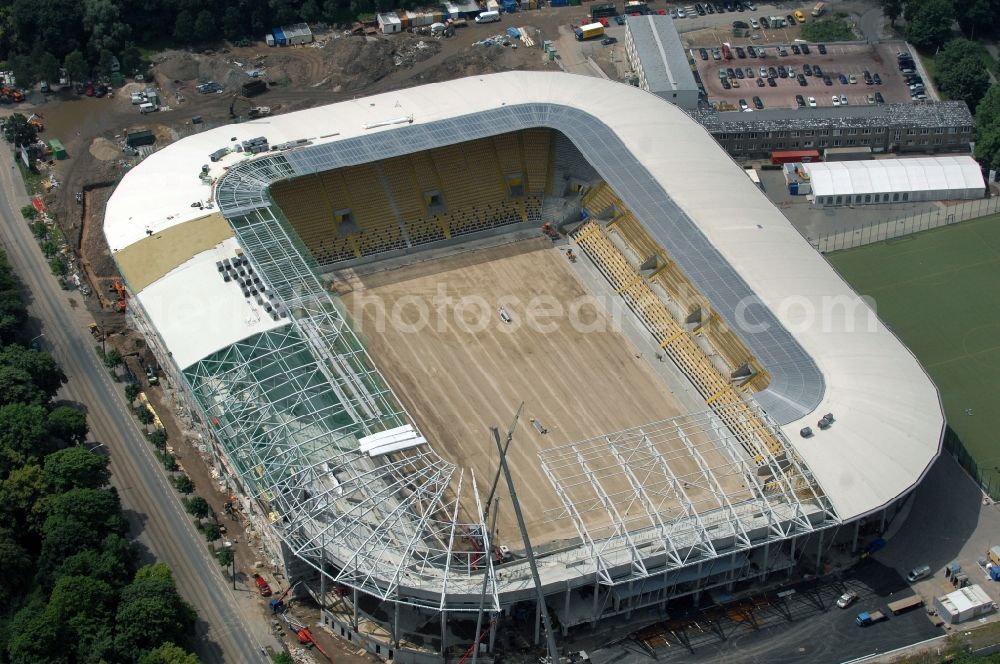 Dresden from the bird's eye view: Construction view of the stadium in Dresden in the state Saxony. The football stadium had to Lennéstreet over time the name of Rudolf-Harbig-Stadion, Dynamo Stadium and Gluecksgas Stadium