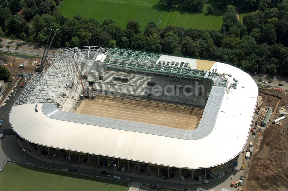 Aerial image Dresden - Construction view of the stadium in Dresden in the state Saxony. The football stadium had to Lennéstreet over time the name of Rudolf-Harbig-Stadion, Dynamo Stadium and Gluecksgas Stadium