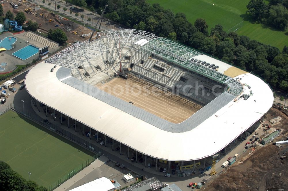 Dresden from above - Construction view of the stadium in Dresden in the state Saxony. The football stadium had to Lennéstreet over time the name of Rudolf-Harbig-Stadion, Dynamo Stadium and Gluecksgas Stadium